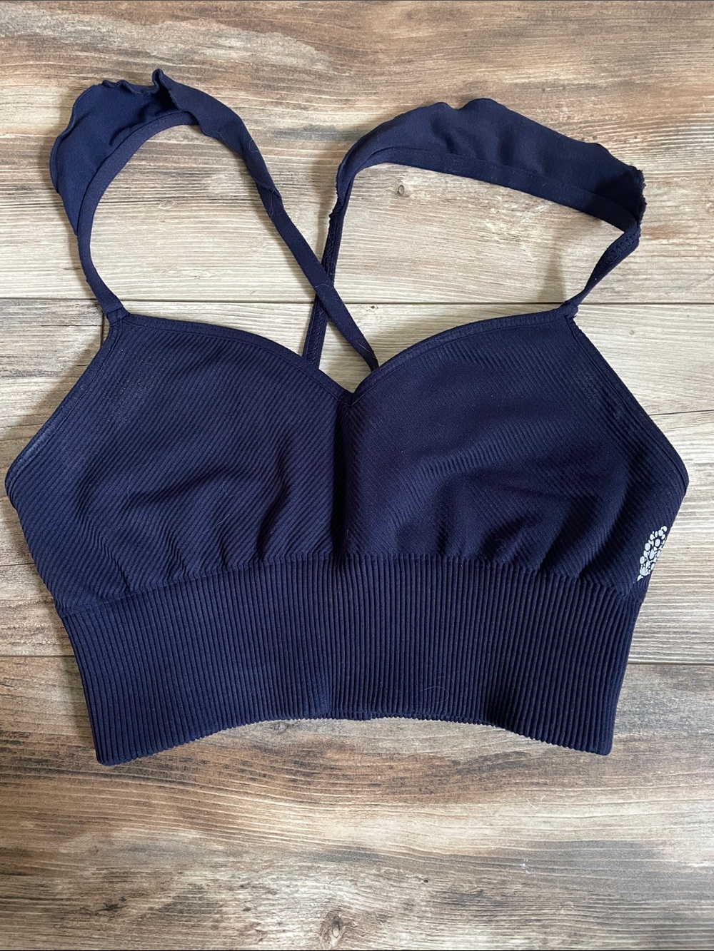 Free People Navy Ribbed Seamless Bralette with ruffled Cross-Back Straps